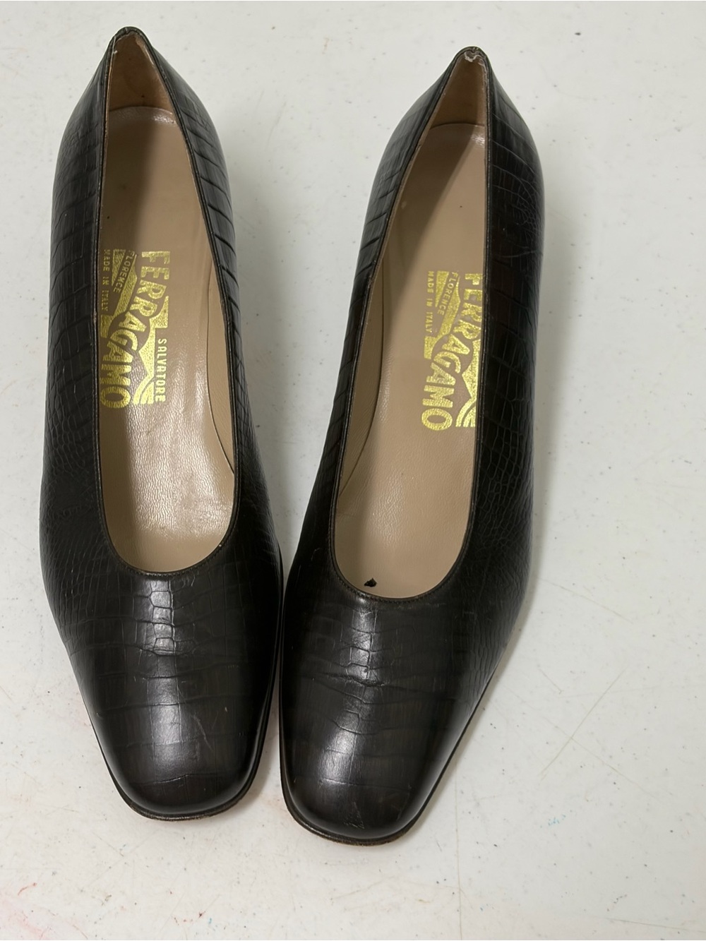 Salvatore Ferragamo Brown Croc-Embossed Leather block heel